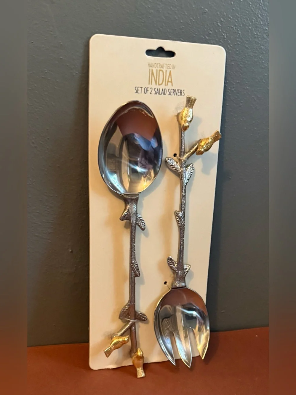 Handcrafted in India Silver and Gold Branch-Style Salad Servers Set